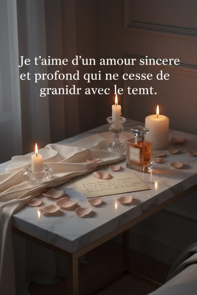 Je t’aime d’un amour sincère et profond qui ne cesse de grandir avec le temps.