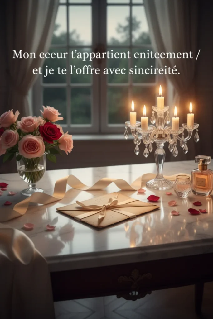 Mon cœur t’appartient entièrement et je te l’offre avec sincérité.
