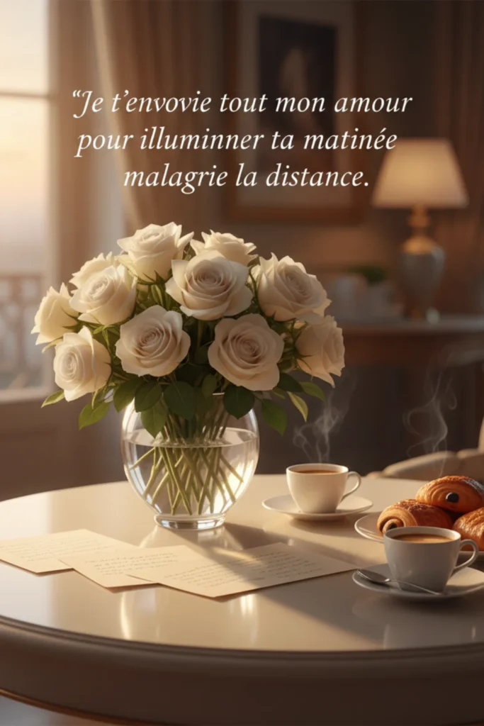 Je t’envoie tout mon amour pour illuminer ta matinée malgré la distance.