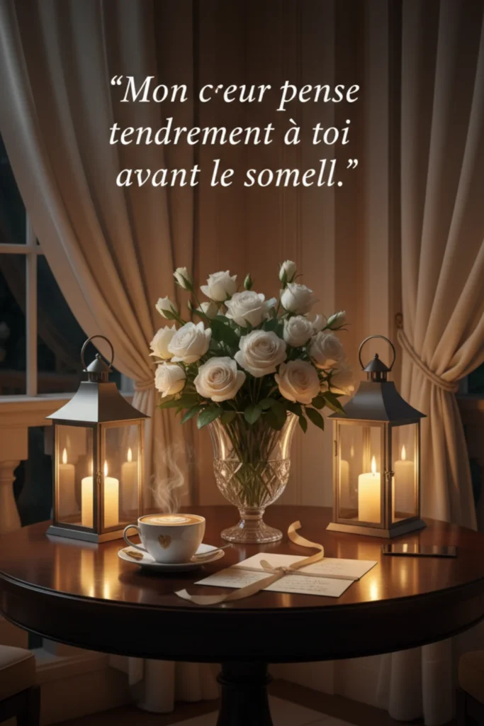 Mon cœur pense tendrement à toi avant le sommeil.