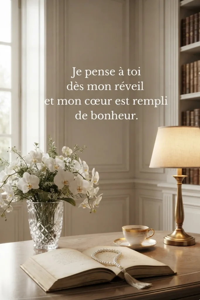 Je pense à toi dès mon réveil et mon cœur est rempli de bonheur.